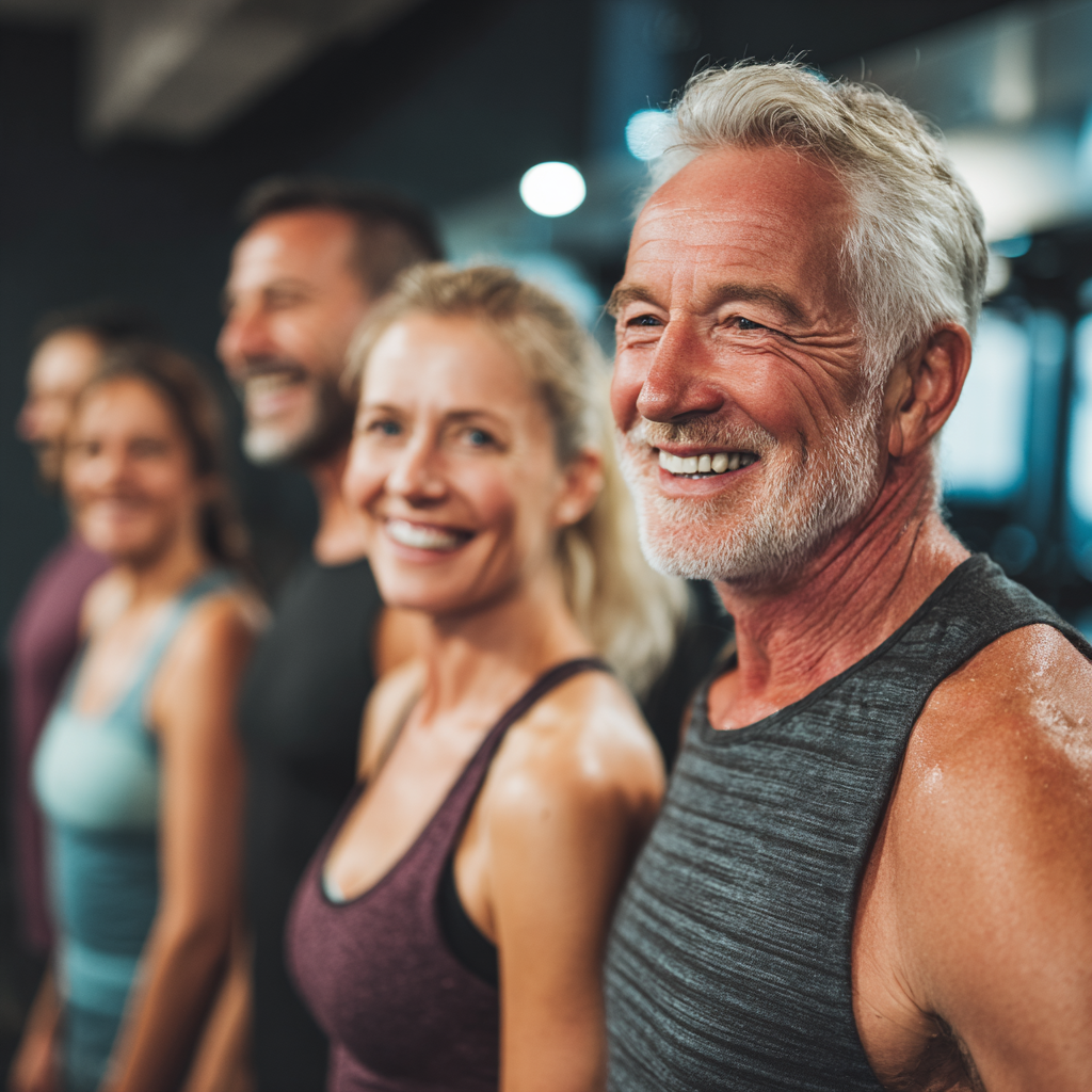 group of middle-aged adults enjoying fitness activities together