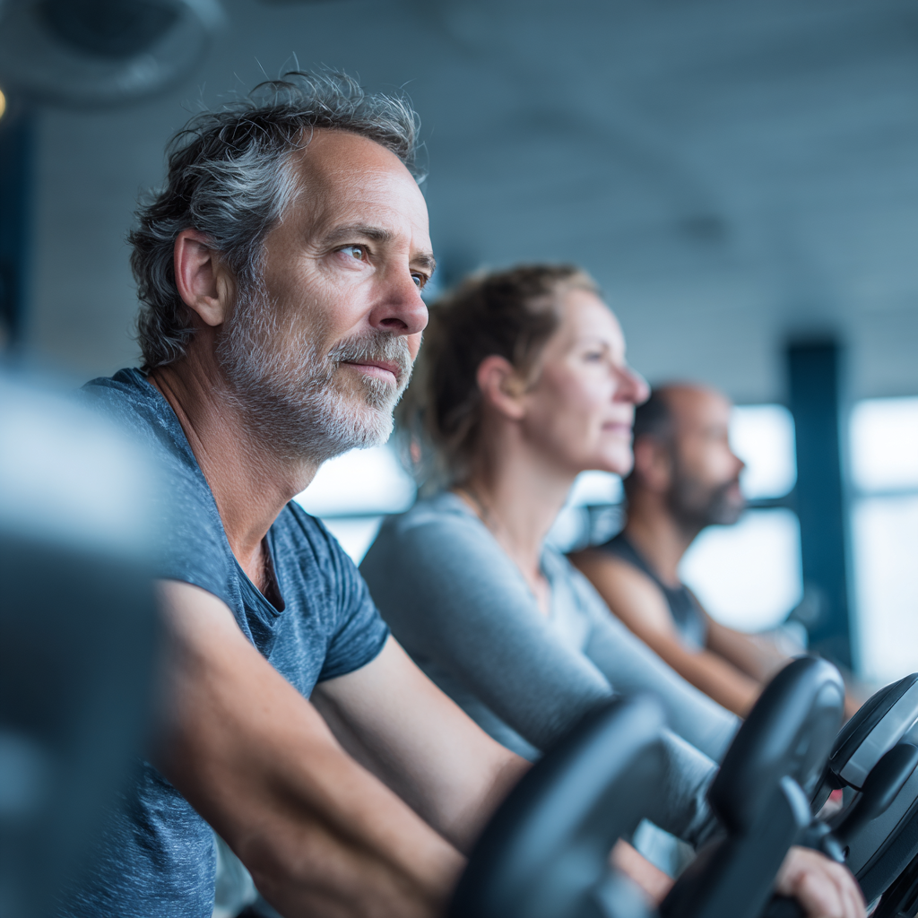 mature adults exercising in modern fitness facility